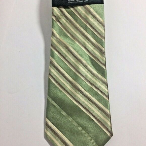 DKNY Mens 100% Silk Tie Green Champagne Striped NW - Picture 2 of 4